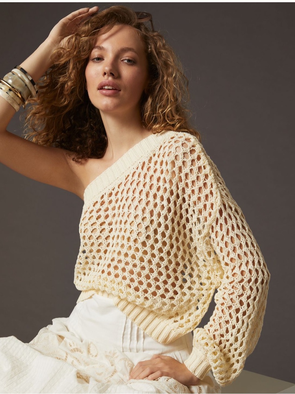 Anthropologie Cream Open-Weave One-Shoulder Crochet Sweater